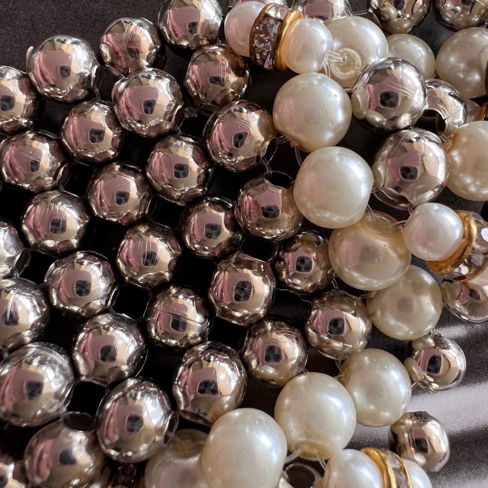 Silver and Gold Beaded Bib Necklace with Textured Pendants - Picture 5 of 10